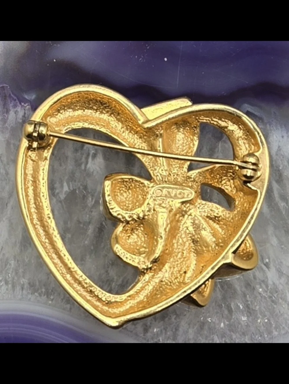 Avon Heart & Bow Brooch Gold Tone w/ Pink Faceted Glass Crystal 1½